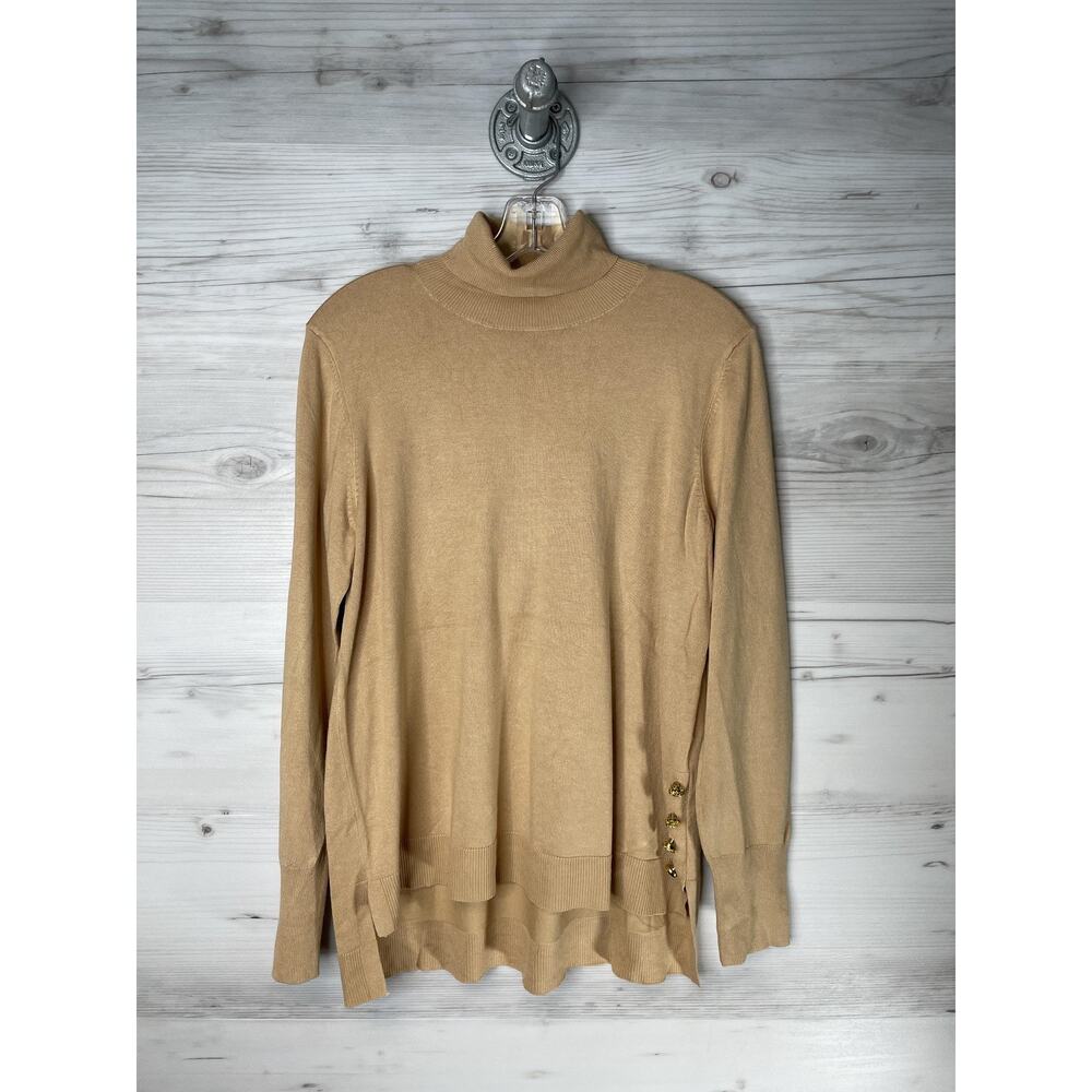 Iman Sweater Womens Large Tan Mock Neck Long Sleeve Side Button Knit Pullover‎